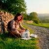 Mujer con el kit del peregrino haciendo el camino de santiago